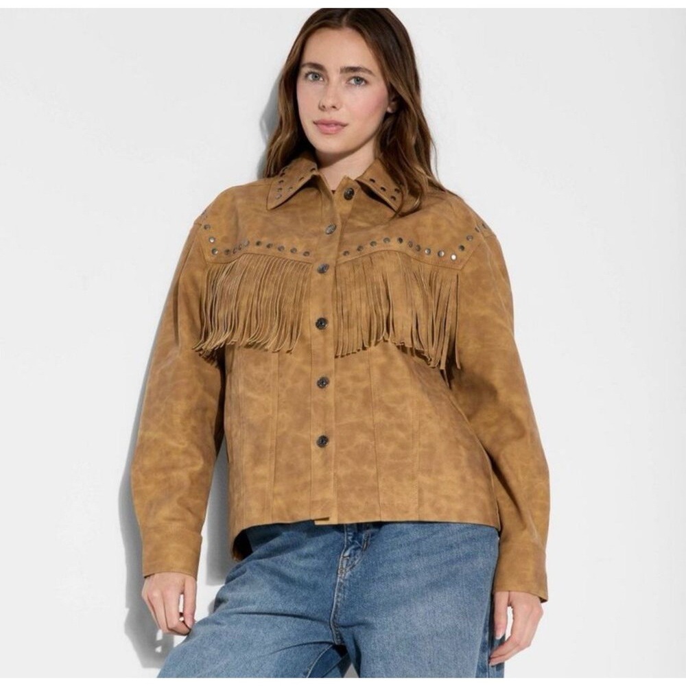Wild Fable Faux Suede Fringe Studded Western Boho Cowgirl Brown Jacket Size XL